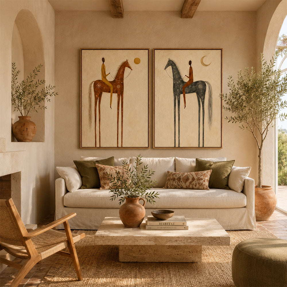 Vintage Americana Art – Sun & Moon Equestrian Diptych Textured Handmade Oil Painting Wall Art