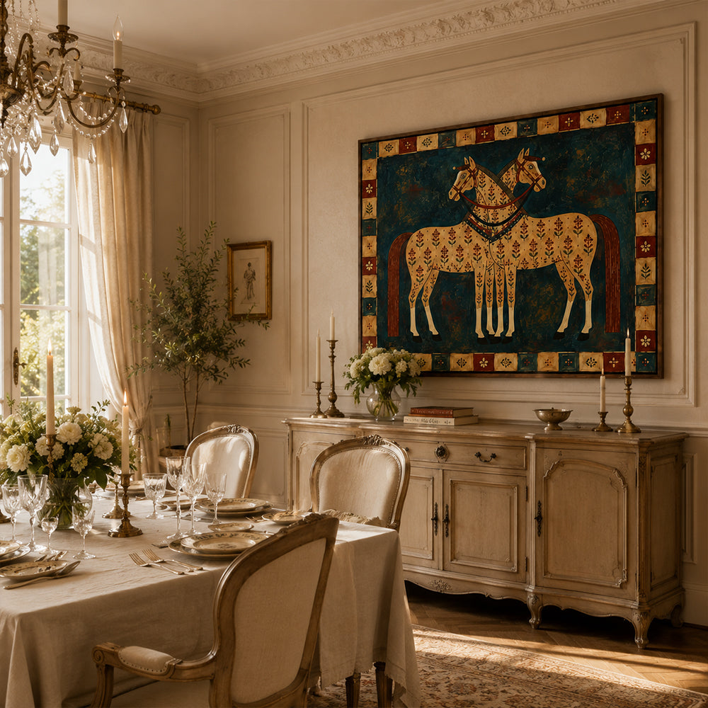 Vintage Americana Art – Folk Twin Horses Textured Handmade Oil Painting Wall Art