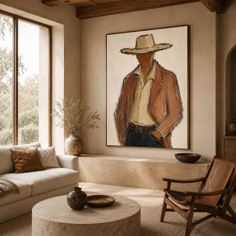 Vintage Americana Art – Textured Rustic Western Minimalist Handmade Oil Painting Wall Art