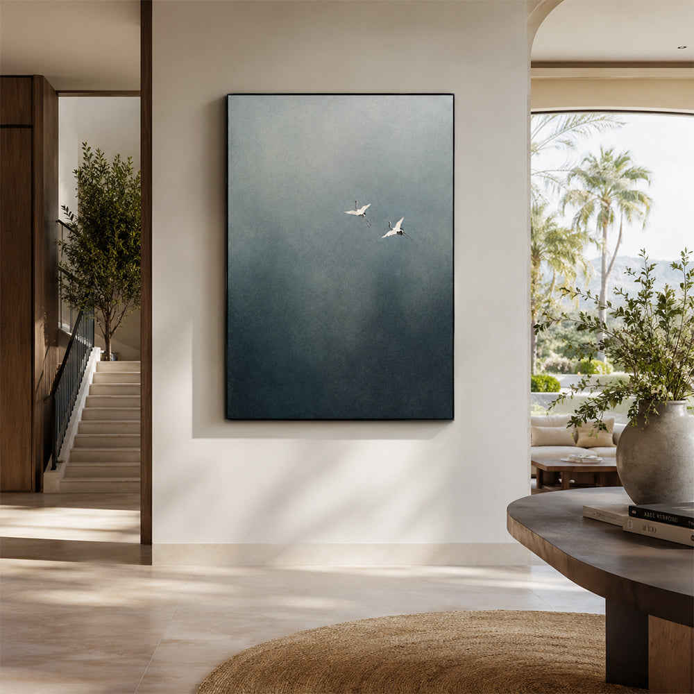 Minimalist Art – Flying Cranes Mist Sky