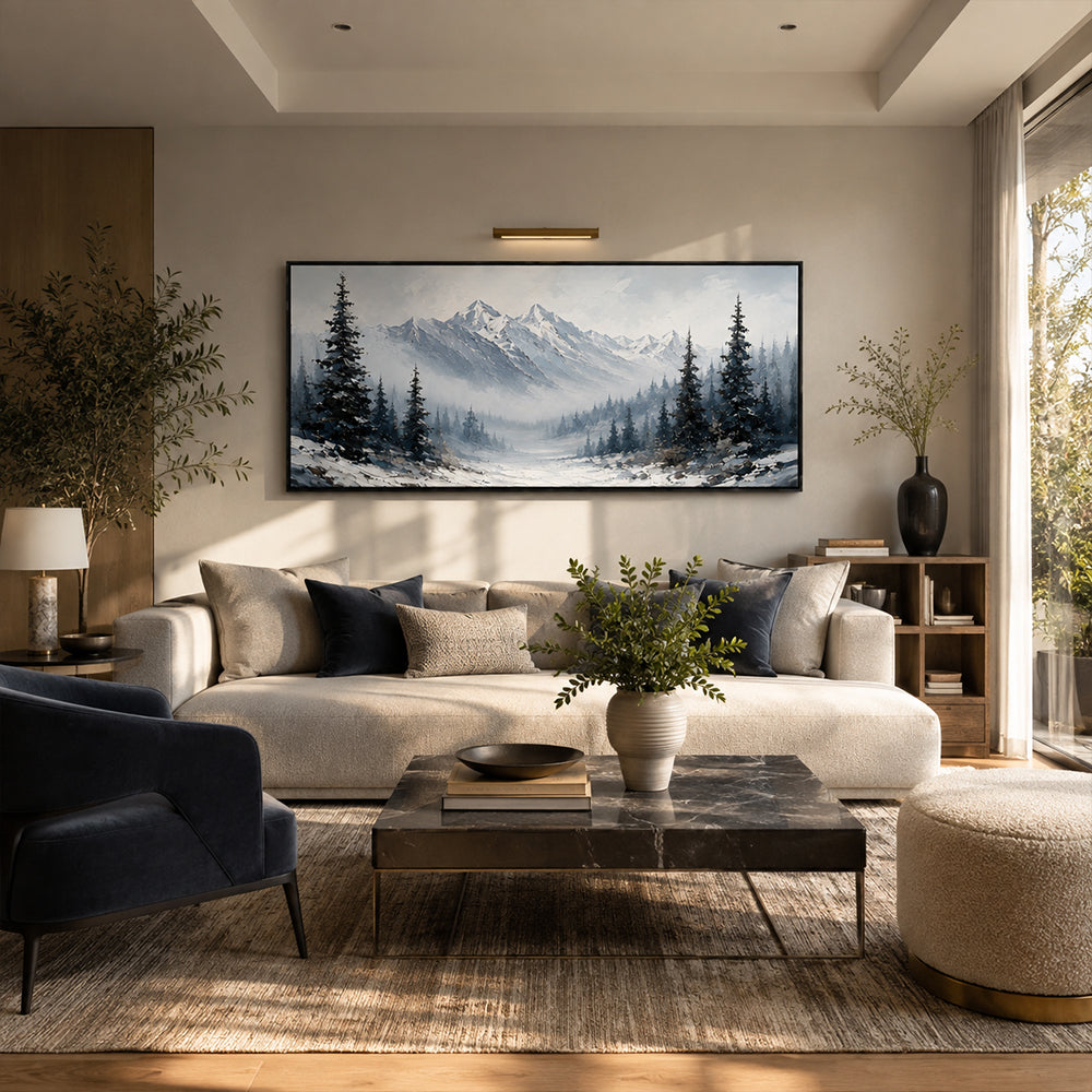 Texture Painting Art – Snowy Pine Mountain Scene