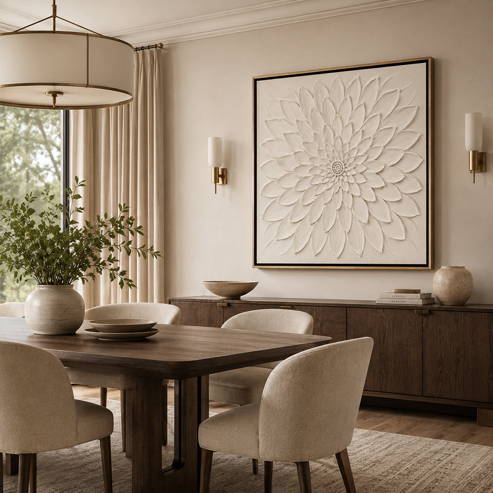 Minimalist Art – White Relief Dahlia