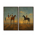 Vintage Americana Art – Sunset Cowboy Horse Diptych Textured Handmade Oil Painting Wall Art