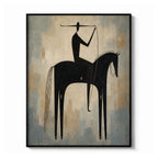 Vintage Americana Art – Primitive Black Horse Rider Textured Handmade Oil Painting Wall Art