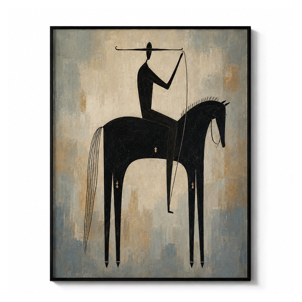 Vintage Americana Art – Primitive Black Horse Rider Textured Handmade Oil Painting Wall Art