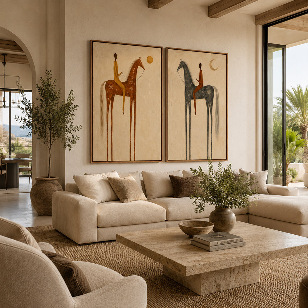 Vintage Americana Art – Sun & Moon Equestrian Diptych Textured Handmade Oil Painting Wall Art