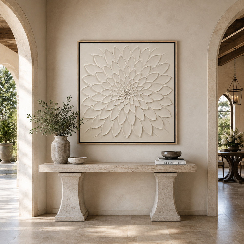 Minimalist Art – White Relief Dahlia