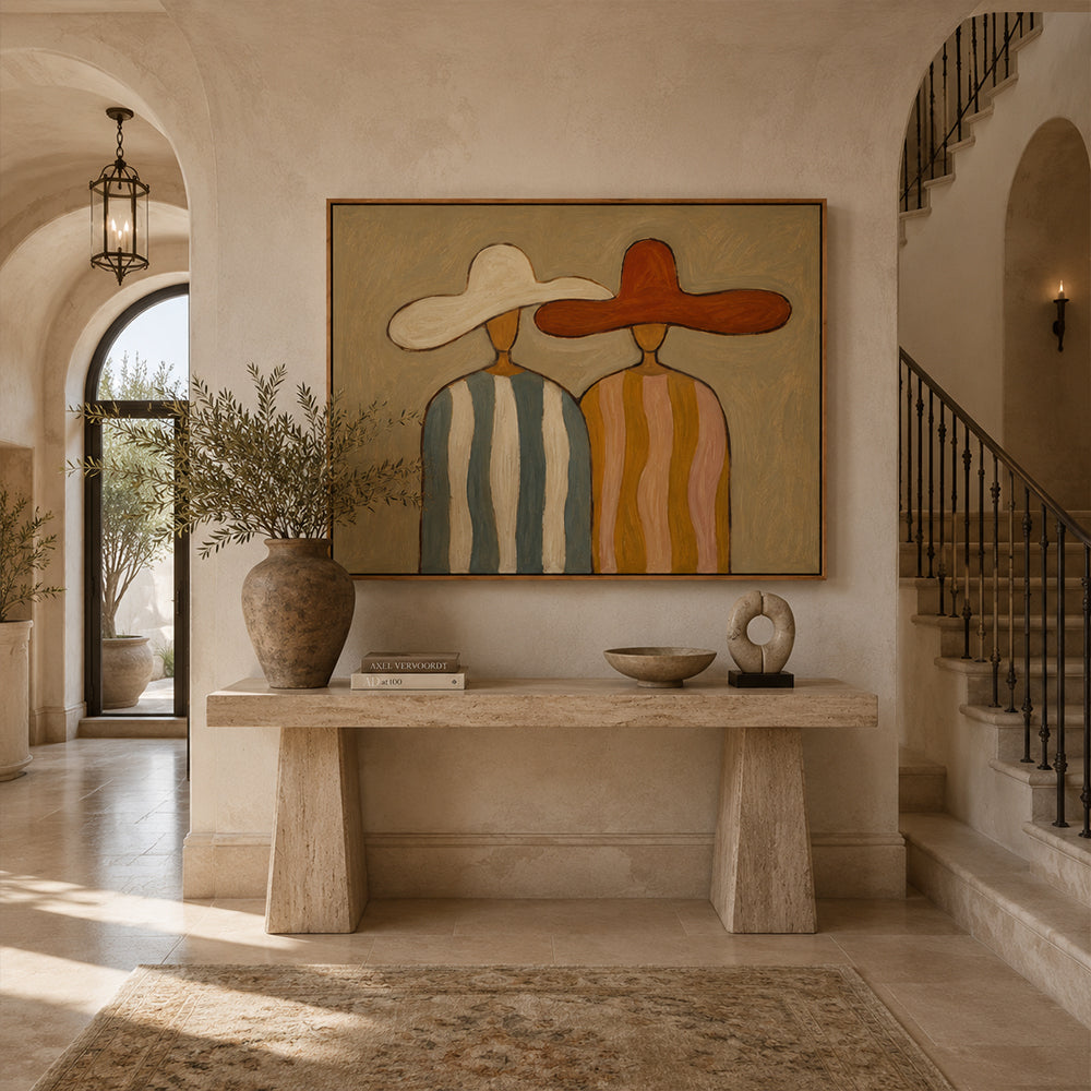 Vintage Americana Art – Earthy Minimalist Abstract Figure Handmade Textured Oil Painting Wall Art