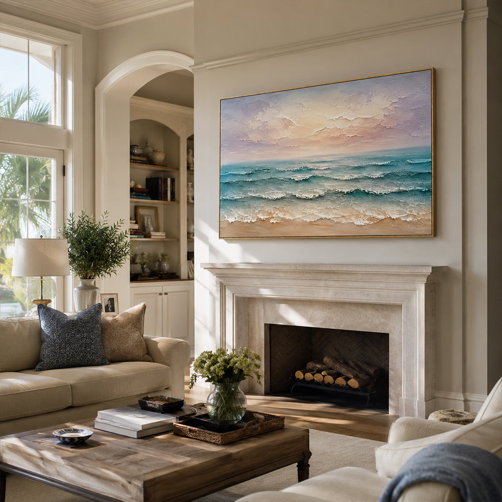 Texture Painting Art – Pastel Beach Waves Textured Handmade Oil Painting Wall Art