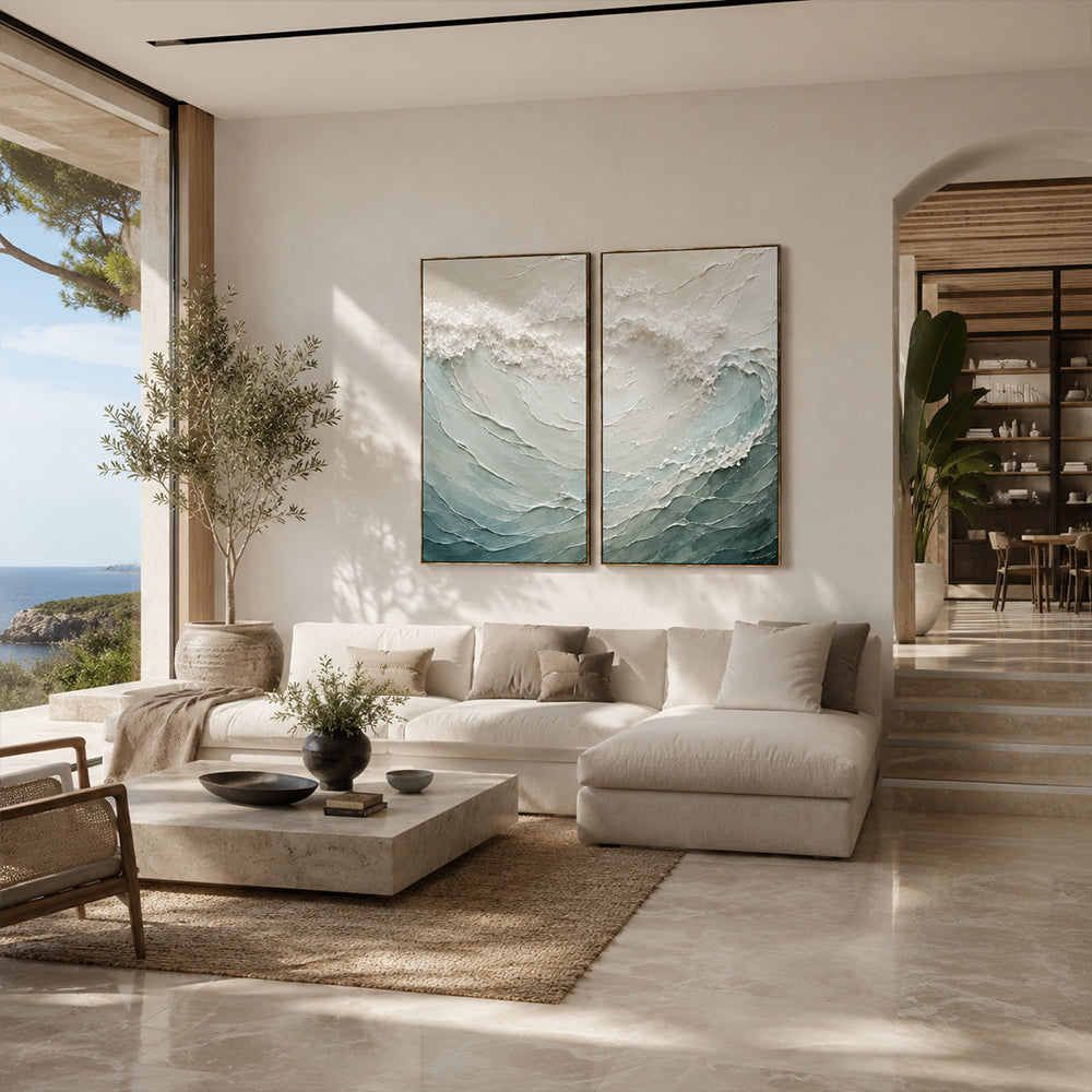 Minimalist Painting Art – Textured Ocean Wave Diptych