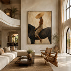 Vintage Americana Art – Handmade Woman & Dark Horse Textured Oil Painting