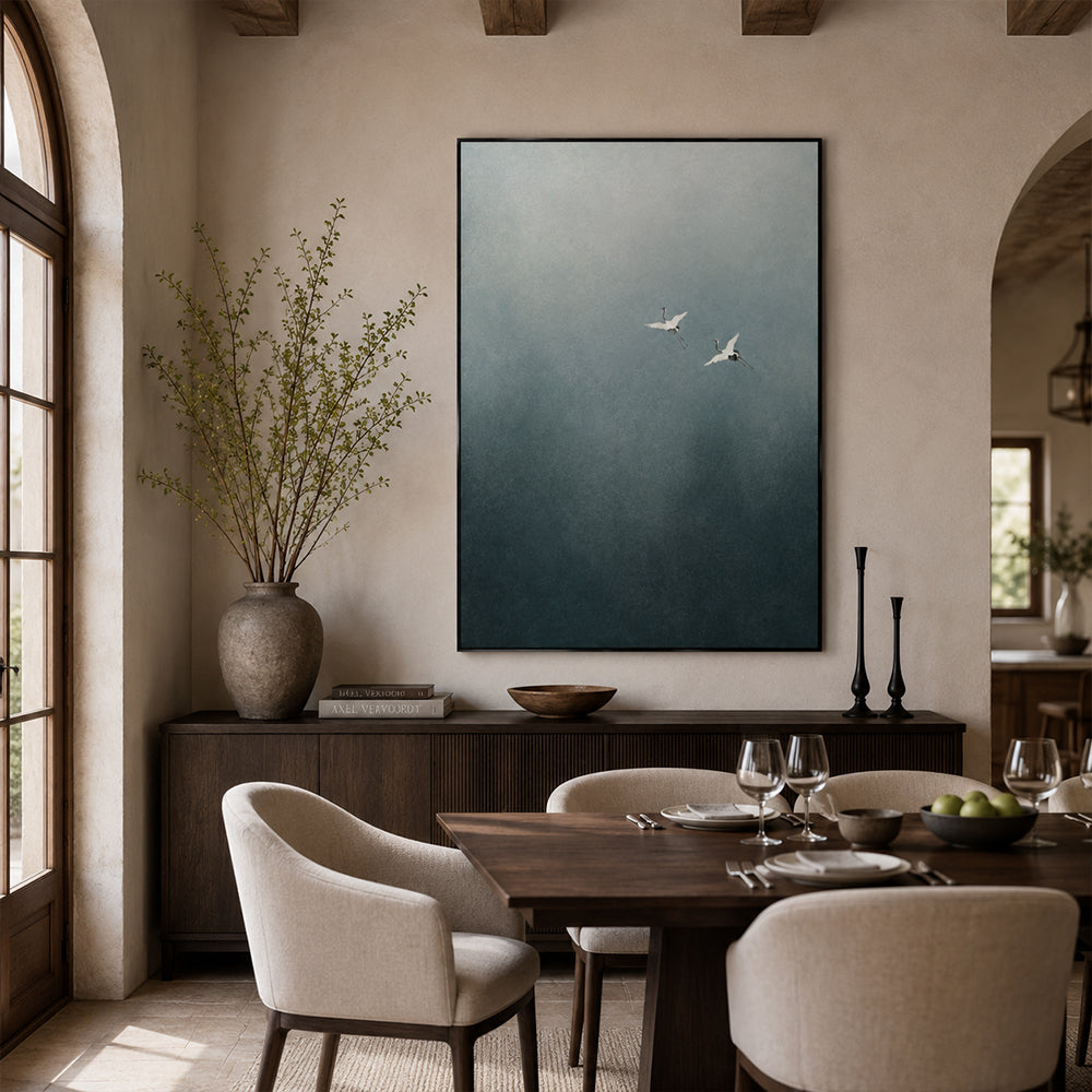 Minimalist Art – Flying Cranes Mist Sky