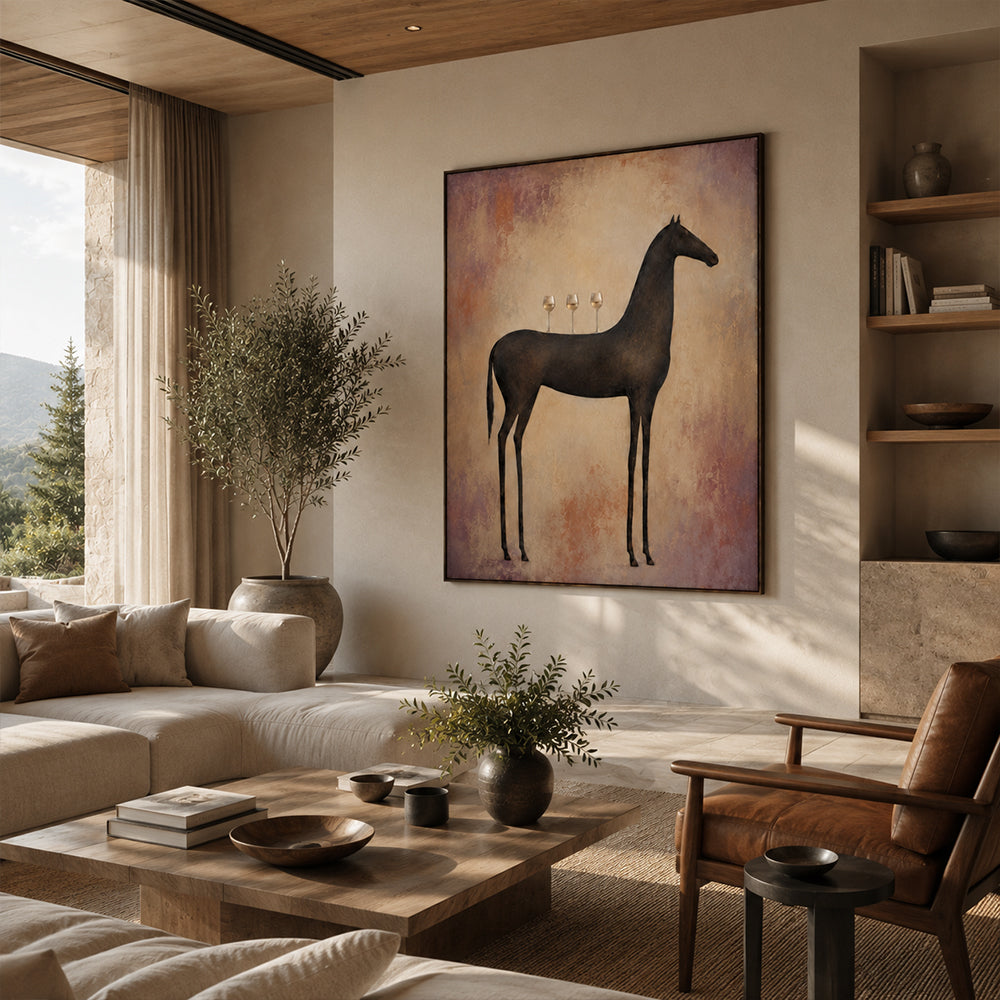 Vintage Americana Art – Slender Dark Horse with Wine Glasses Textured Handmade Oil Painting Wall Art