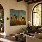 Vintage Americana Art – Sunset Cowboy Horse Diptych Textured Handmade Oil Painting Wall Art