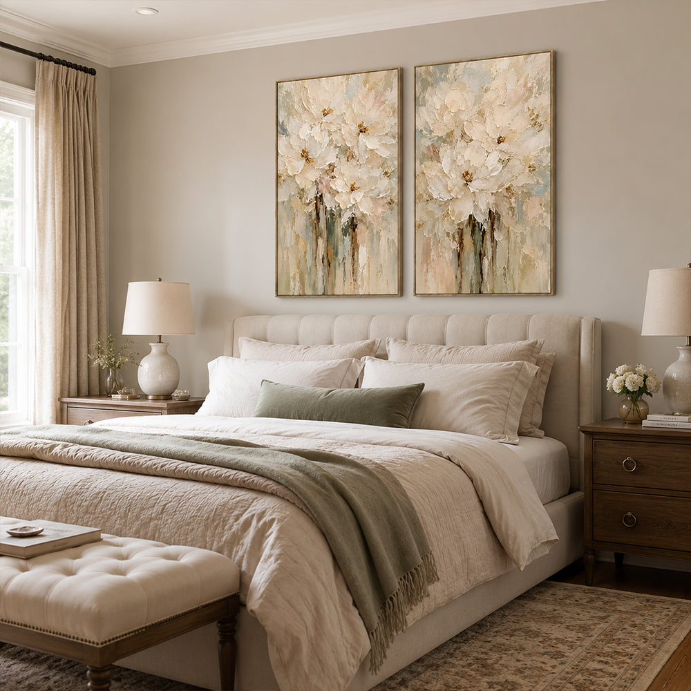Abstract Wall Art – Cream Floral Textured Handmade Oil Painting Wall Art