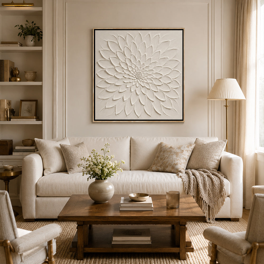Minimalist Art – White Relief Dahlia