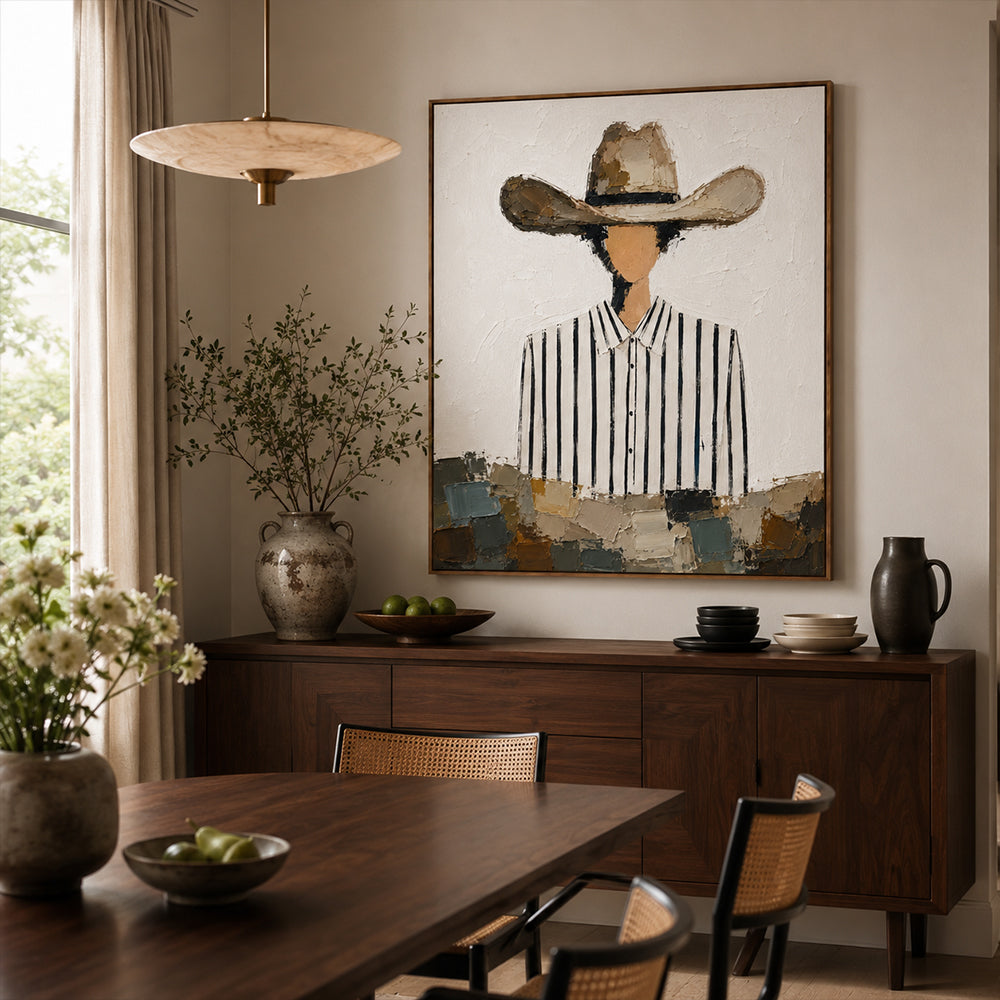 Vintage Americana Art – Striped Shirt Cowboy Textured Handmade Oil Painting Wall Art
