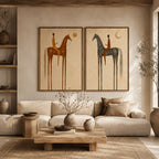 Vintage Americana Art – Sun & Moon Equestrian Diptych Textured Handmade Oil Painting Wall Art