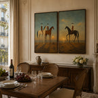 Vintage Americana Art – Sunset Cowboy Horse Diptych Textured Handmade Oil Painting Wall Art