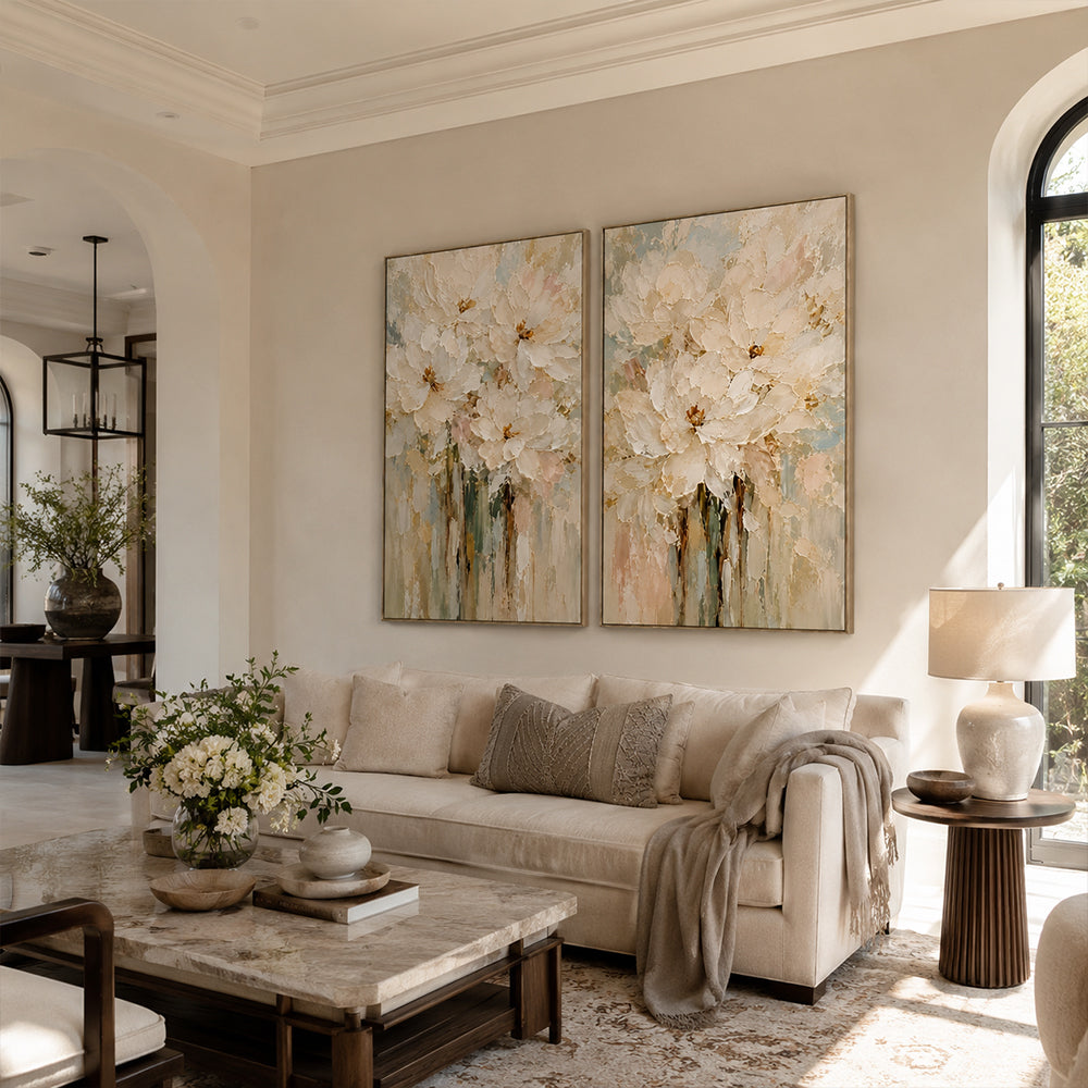 Abstract Wall Art – Cream Floral Textured Handmade Oil Painting Wall Art