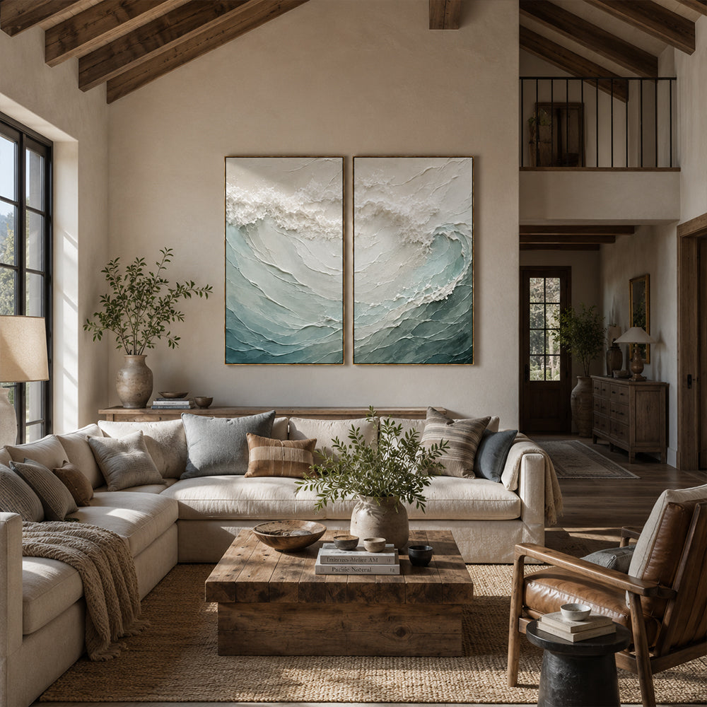 Minimalist Painting Art – Textured Ocean Wave Diptych