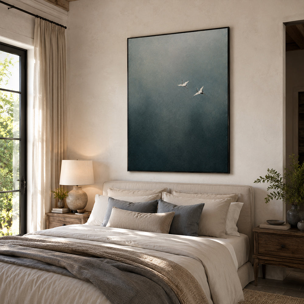 Minimalist Art – Flying Cranes Mist Sky