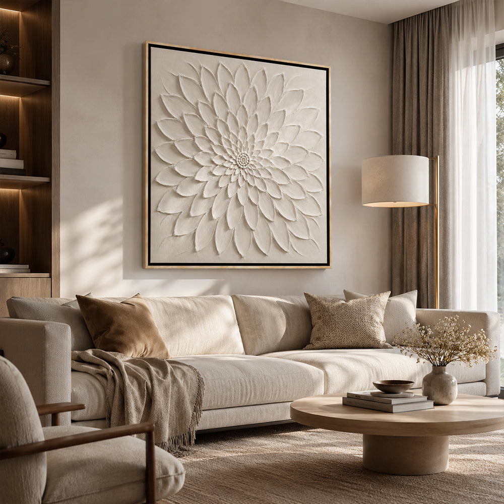 Minimalist Art – White Relief Dahlia