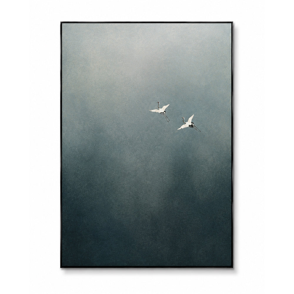 Minimalist Art – Flying Cranes Mist Sky