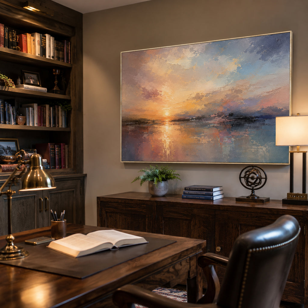 Abstract Wall Art – Sunset Lakescape Textured Handmade Oil Painting Wall Art