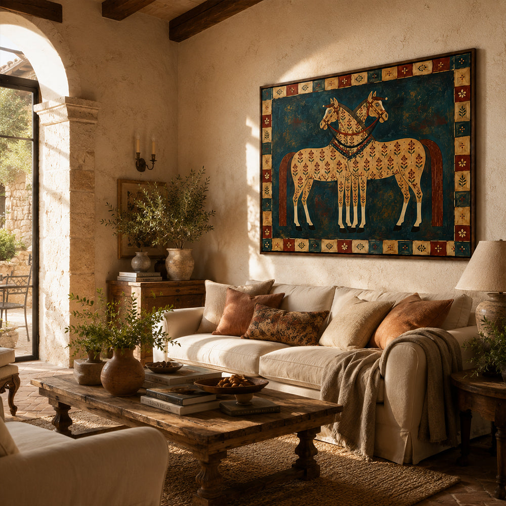Vintage Americana Art – Folk Twin Horses Textured Handmade Oil Painting Wall Art