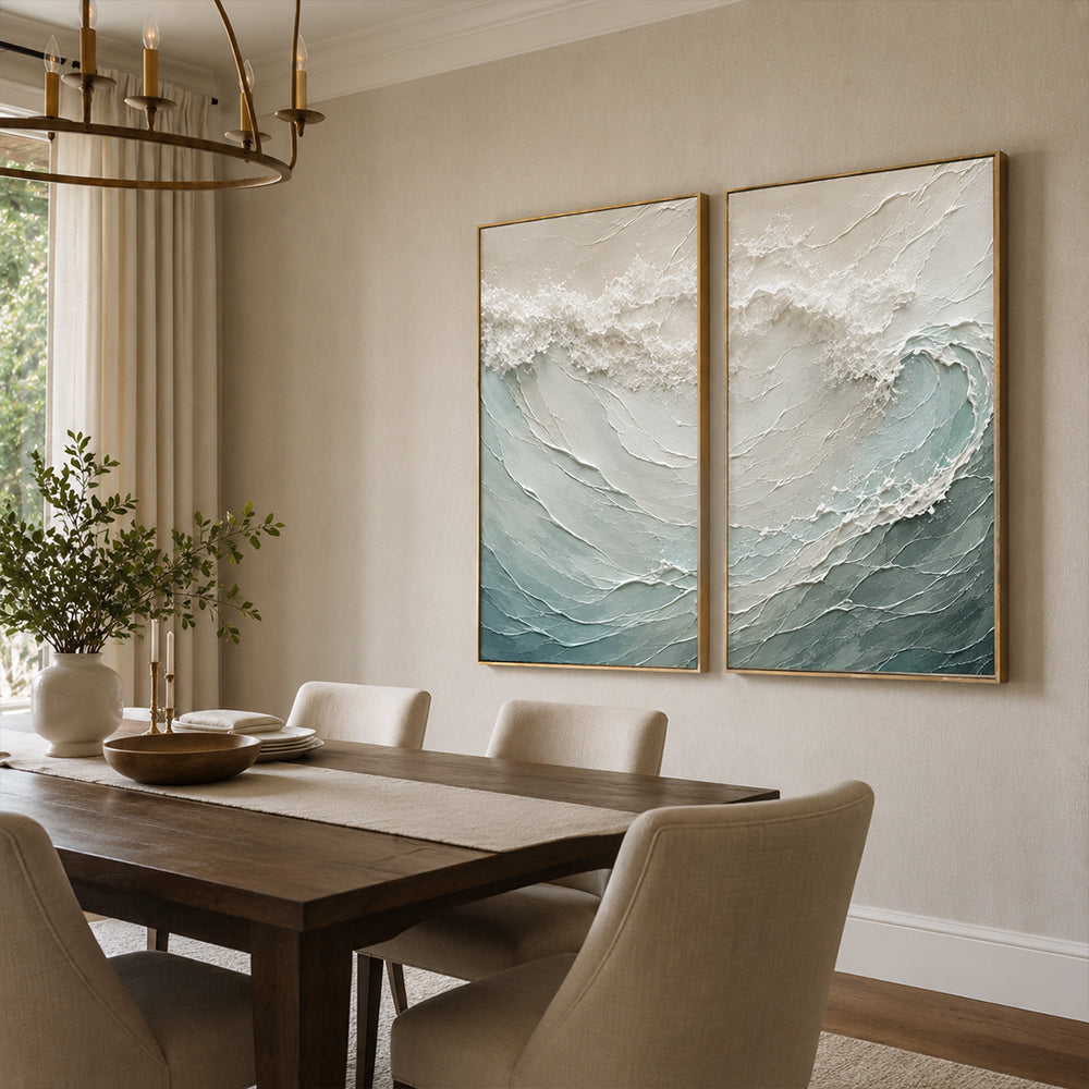 Minimalist Painting Art – Textured Ocean Wave Diptych