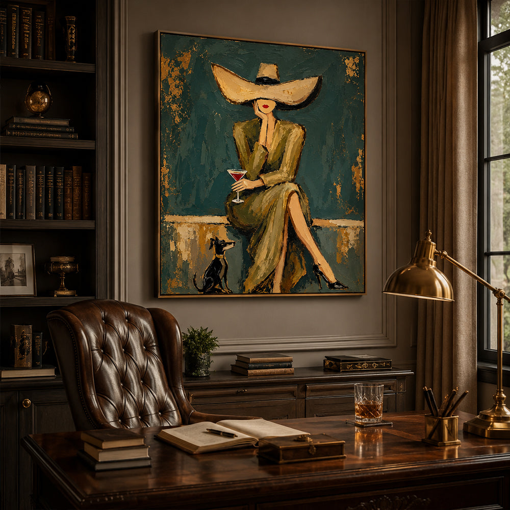 Vintage Americana Art – Hat Lady with Cocktail & Dog Textured Handmade Oil Painting Wall Art
