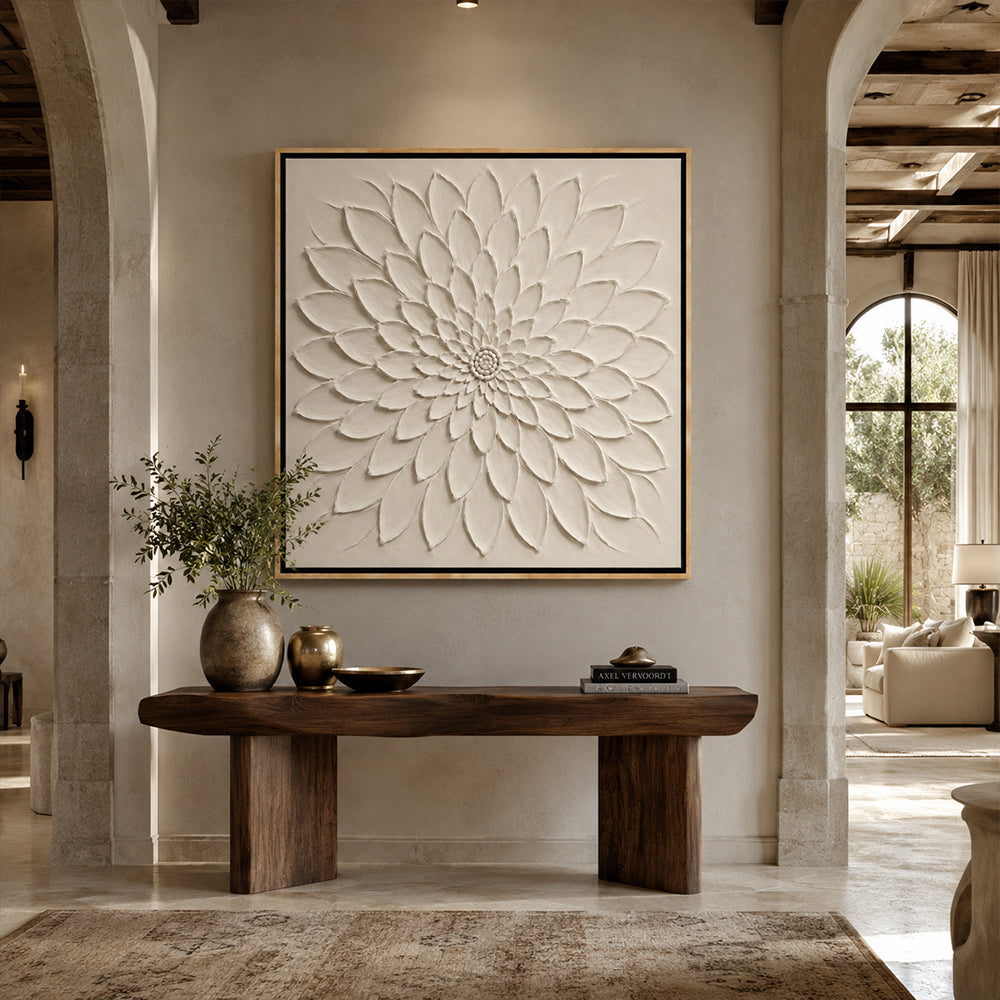 Minimalist Art – White Relief Dahlia