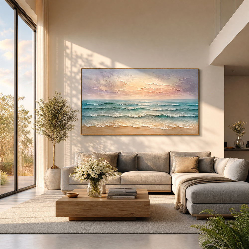 Texture Painting Art – Pastel Beach Waves Textured Handmade Oil Painting Wall Art