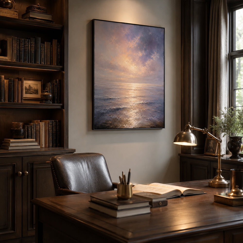 Minimalist Painting Art – Sunset Ocean Reflection Textured Handmade Oil Painting Wall Art