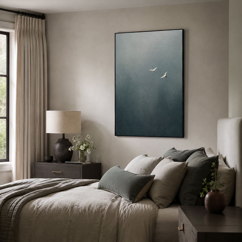 Minimalist Art – Flying Cranes Mist Sky