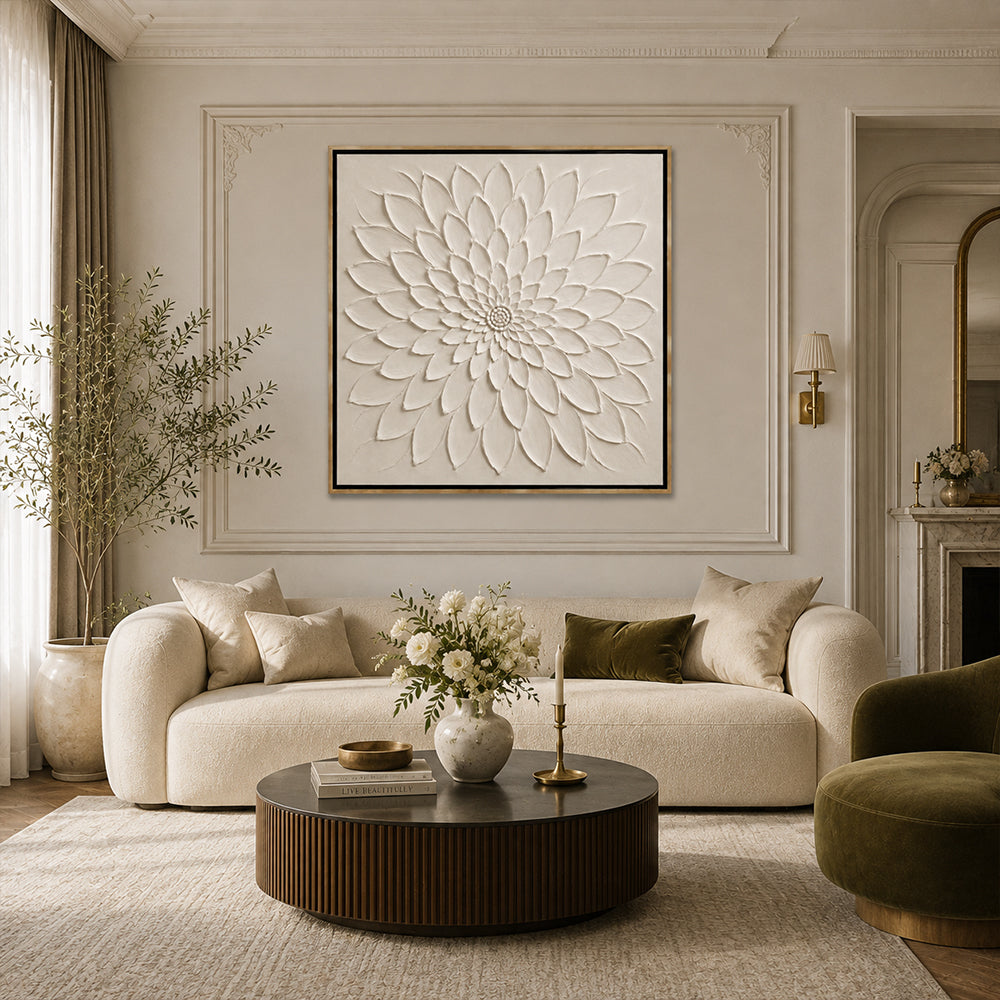 Minimalist Art – White Relief Dahlia