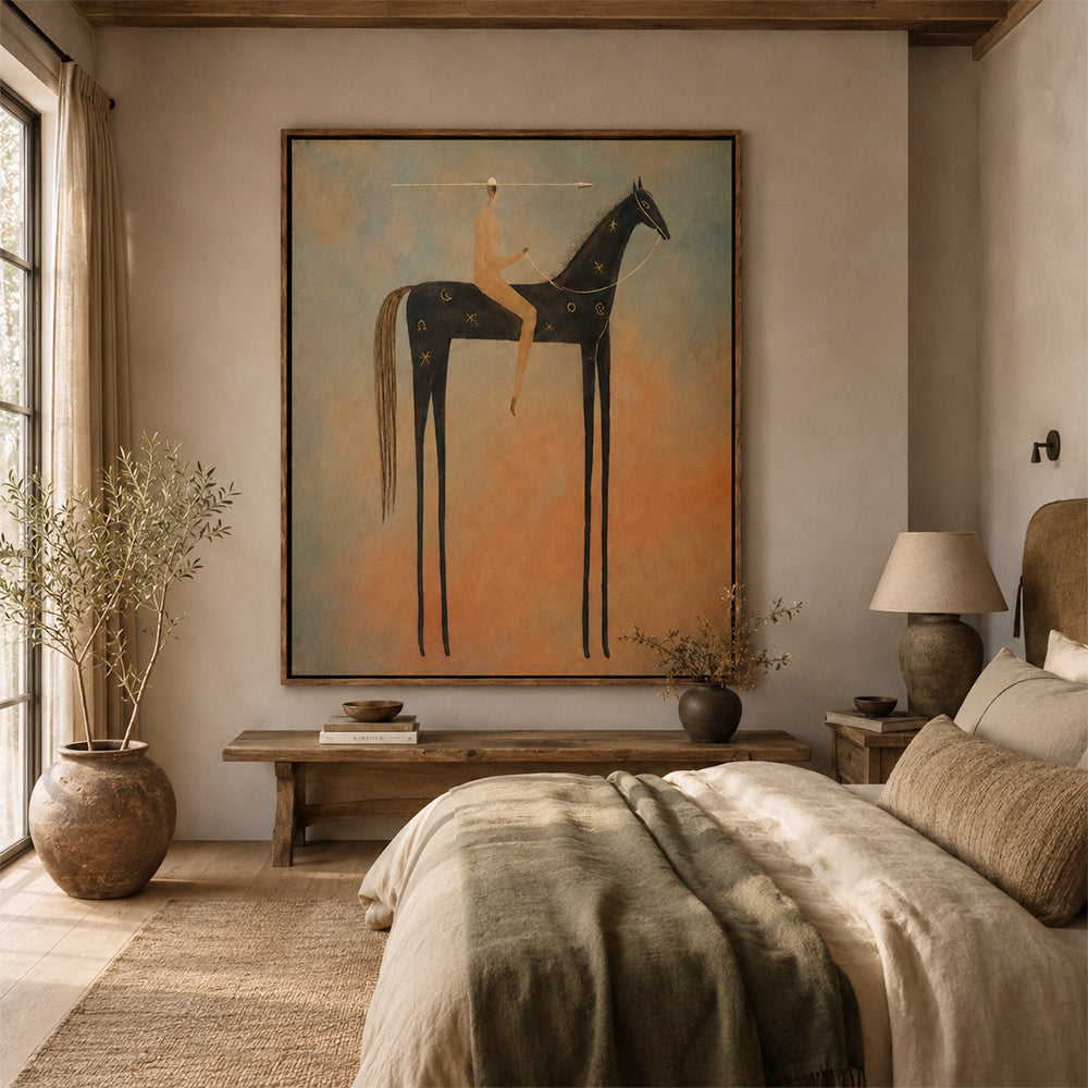 Vintage Americana Art – Celestial Starry Horse Rider Textured Handmade Oil Painting Wall Art