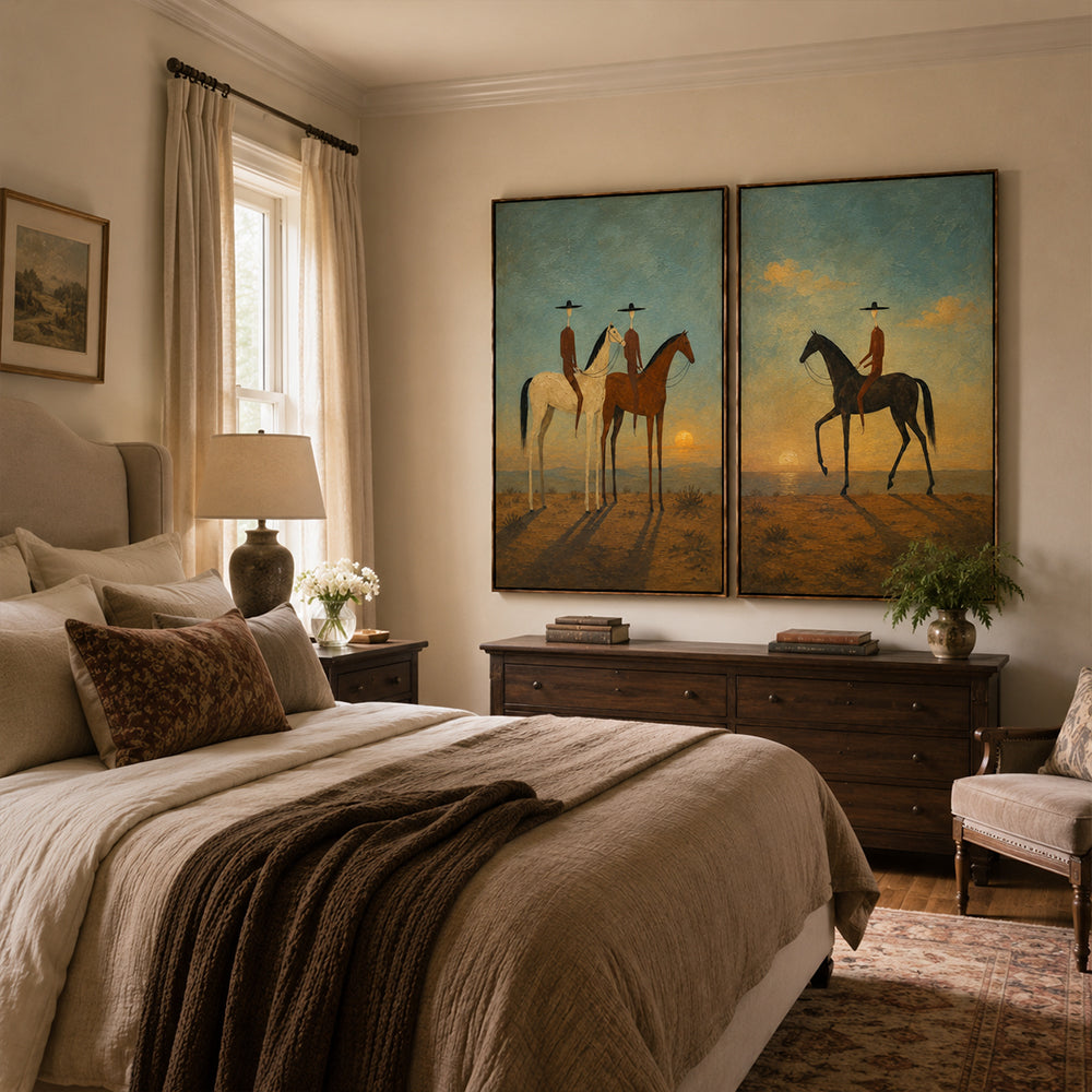 Vintage Americana Art – Sunset Cowboy Horse Diptych Textured Handmade Oil Painting Wall Art