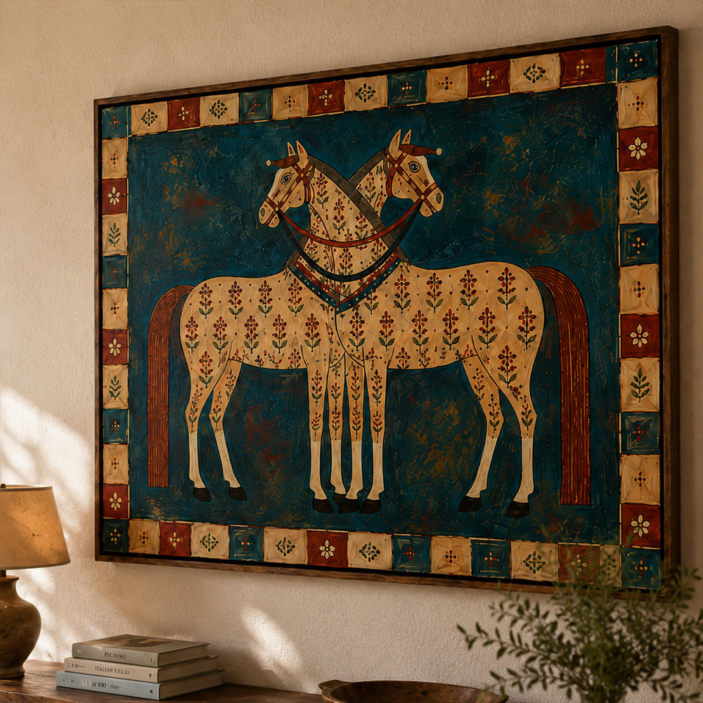 Vintage Americana Art – Folk Twin Horses Textured Handmade Oil Painting Wall Art