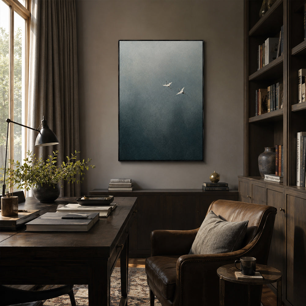 Minimalist Art – Flying Cranes Mist Sky