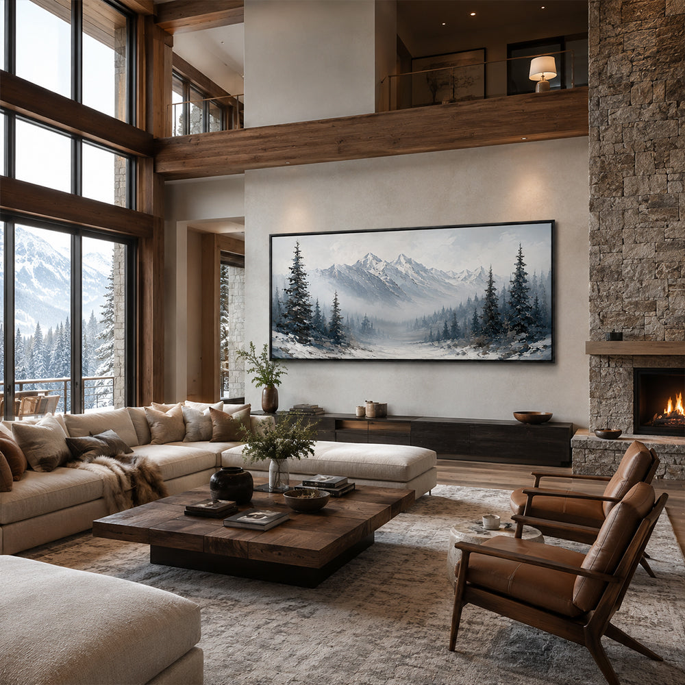 Texture Painting Art – Snowy Pine Mountain Scene