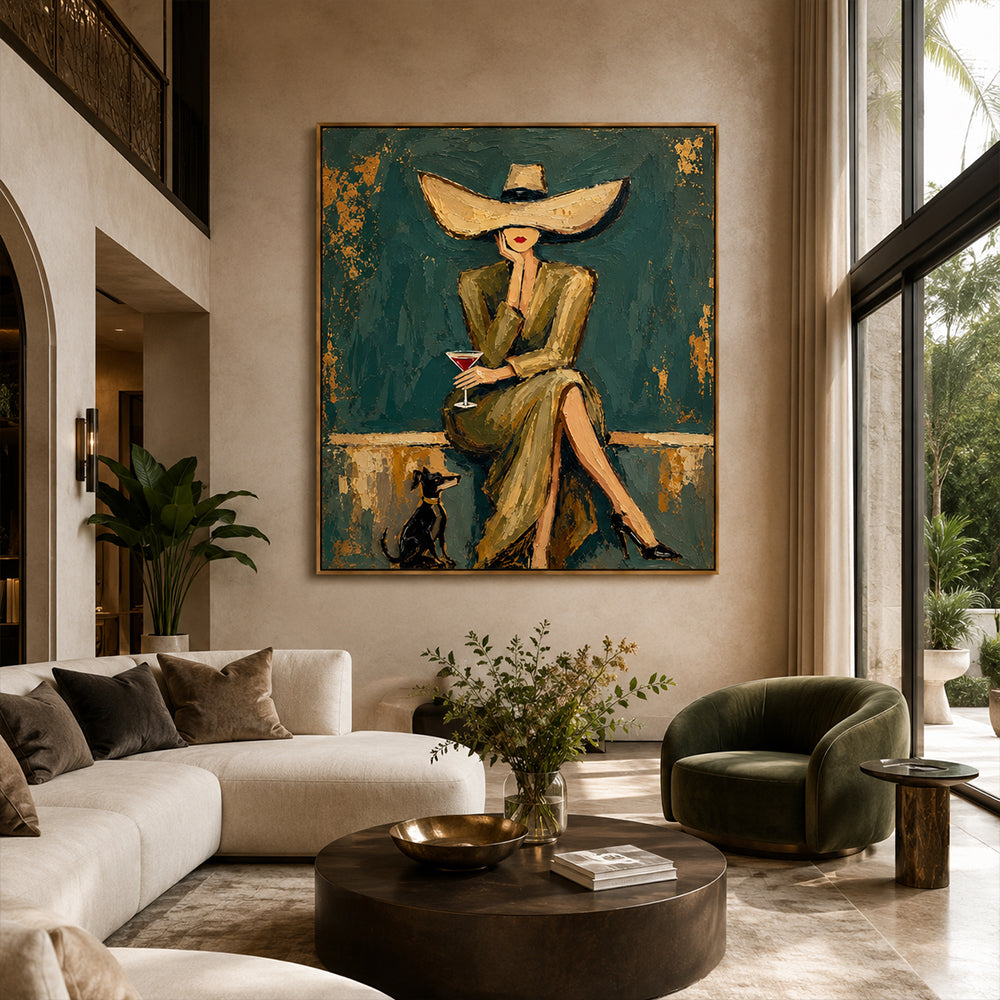 Vintage Americana Art – Hat Lady with Cocktail & Dog Textured Handmade Oil Painting Wall Art