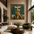 Vintage Americana Art – Hat Lady with Cocktail & Dog Textured Handmade Oil Painting Wall Art