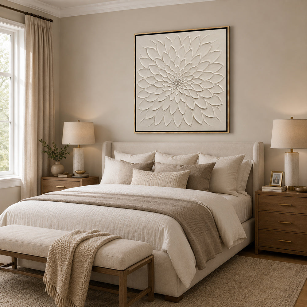 Minimalist Art – White Relief Dahlia