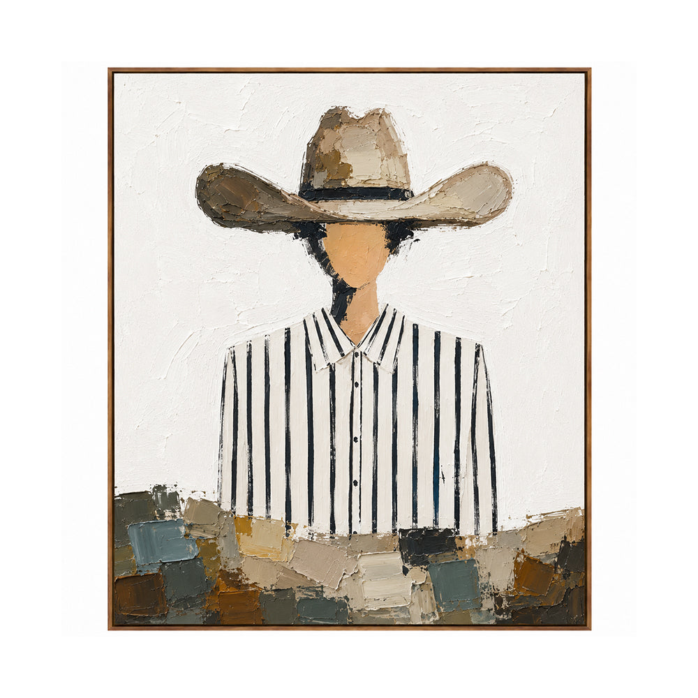 Vintage Americana Art – Striped Shirt Cowboy Textured Handmade Oil Painting Wall Art