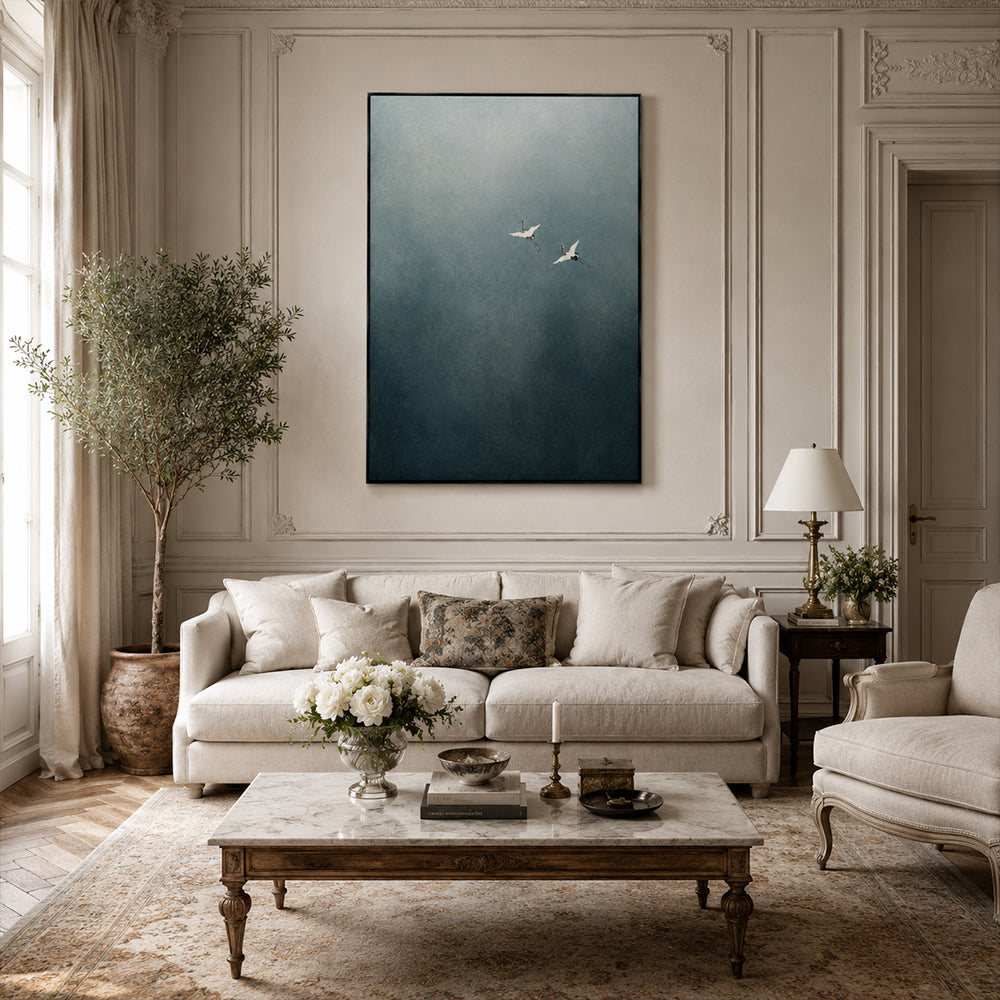 Minimalist Art – Flying Cranes Mist Sky