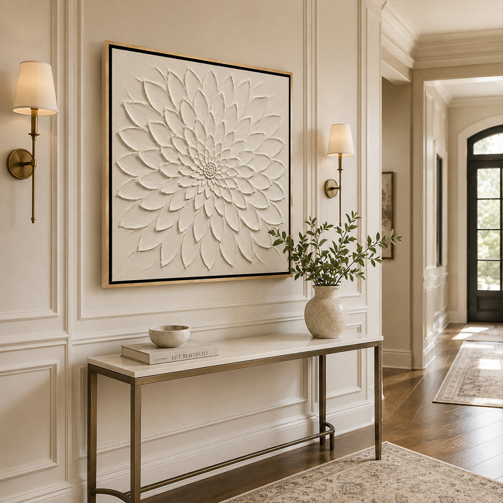Minimalist Art – White Relief Dahlia