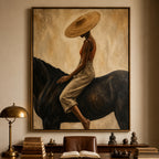 Vintage Americana Art – Handmade Woman & Dark Horse Textured Oil Painting