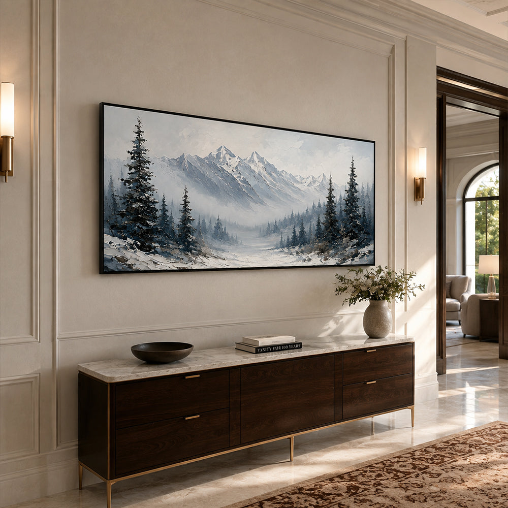 Texture Painting Art – Snowy Pine Mountain Scene